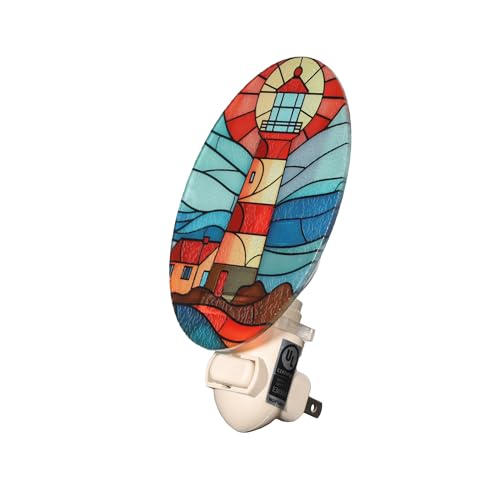 Image of Lighthouse Stained Glass Styled Night Light Plug in - Made with Real Glass, Bulb Included, On /Off Switch - Nautical Beach Theme Bathroom, or Beach House Accent Light Dusk Blue Red