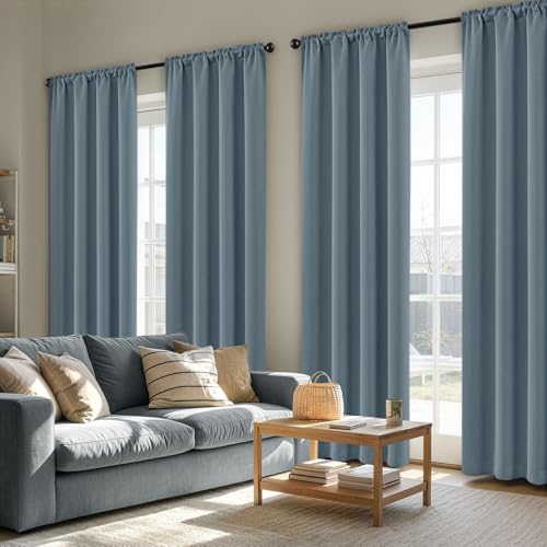 Image of MIULEE 84 Inch Length Grey Blue Blackout Bedroom Curtains Set of 4 | Thermal Curtains for Summer Heat, Light Blocking Privacy Bedroom Window Drapes, Top&Bottom Rod Pocket, Living Room