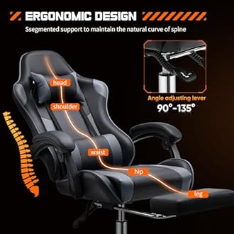 Sweetcrispy Video Game Desk Chair - Ergonomic Computer with Footrest and Comfy Lumbar Support, PU Leather Recliner with Headrest, Fixed Up Armrest, Height Adjustable with 360° Swivel, for Adults, Grey