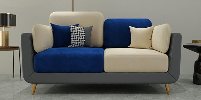 Velvet Contemperory Sofa Couch with Cushion Chaise Lounge Sectional Perfect for Living Room & Bedroom Guests Home & Office (2 Seater Blue & Beige)