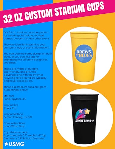 12 Pcs Multi Color Print Custom 32oz Stadium Cups, Reusable Party Cups For Birthday, Wedding, Events, or Brand Promotion (Black)