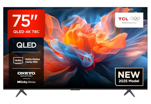 TCL 75T8C TV QLED 4K HDR Ultra HD da 75', QLED TV con tecnologia Google TV (Dolby Vision e Atmos, Motion Clarity Pro a 144 Hz, FreeSync, audio Onkyo 2.1, compatibile con Google Assistant)