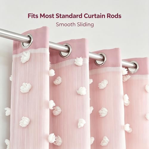 Image of Pink Room Darkening Curtains for Girls Nursery Bedroom 52x90 Inch | 80% Blackout Double Layer Curtains with Pom Pom Sheer Overlay, Grommet Privacy Drapes for Toddler Bedroom Decor, 2 Panels
