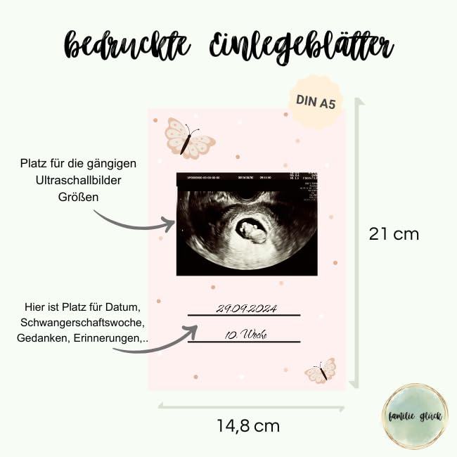 Ultraschallbilder Mappe Album für Ultraschallbilder personalisierbares Einsteckalbum stabiles Cover Erinnerungen an Schwangerschaft (mit Einlegeblättern in den Folien)