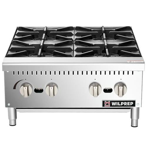 WILPREP Countertop Gas Range, 4 Burner Commercial Hot Plate with Total 100000 BTU, 24' Natural Gas Range with Propane Conversion Kit Grates, Stainless Steel Stove for Restaurant Kitchen, silver