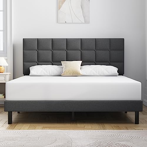 Molblly Full Bed Frame Upholstered Platform with Headboard and Strong Wooden Slats, Non-Slip and Noise-Free,No Box Spring Needed, Easy Assembly,Dark Gray
