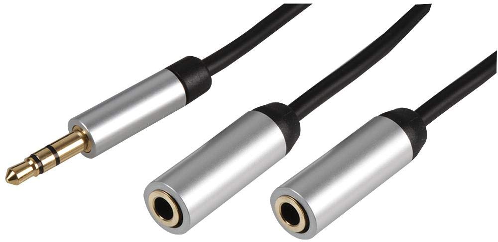 Pro Signal PSG3220-10M 3.5mm Stereo Plug to 2x 3.5mm Stereo Socket Slim Lead with Aluminium Headshells, 10m Black