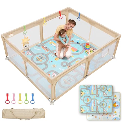 Image of Dripex Baby Playpent with Mat, 71 inchx59 inch Large Play Pen for Babies, Beige | Included Waterproof Mat /Portable Bag / Pull up Rings, Breathable Visible Mesh, Easy Setup, Indoor /Outdoor Use