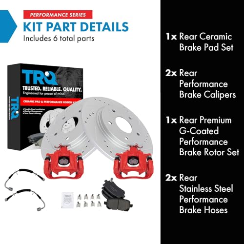 Image of TRQ Performance Rear Brake Pad and Rotor Set Ceramic Coated Drilled Slotted Calipers Compatible with 2011-2012 Chrysler Town and Country Grand Caravan Volkswagen Routan 2012 Ram Cargo Van