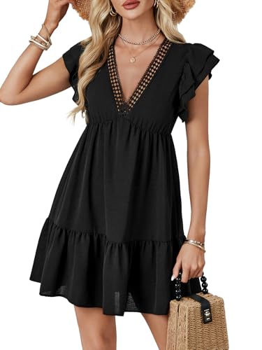 LYANER Women's Deep V Neck Ruffle Short Sleeve A Line Swing Flared Cocktail Party Mini Dress2
