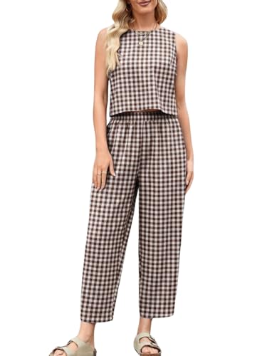 RANTAR Womens Cotton Gingham 2 Piece Outfit Summer Tank Top Pants Matching Casual Beach Lounge Set(Chocolate-Brown L)