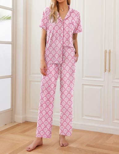 Image of Ekouaer Womens Pajamas Set Short Sleeve Button Down Top & Pants Lounge Pjs | Soft Sleepwear with long pants, ideal for Home relaxation, Wedding, Party, Daily Wear & Breastfeeding