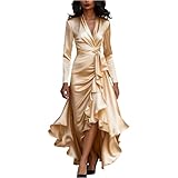 Vestido De Satén para Mujer con Diseño Cruzado Manga Larga Y Volante Asimétrico Elegante Ocasiones Beige L