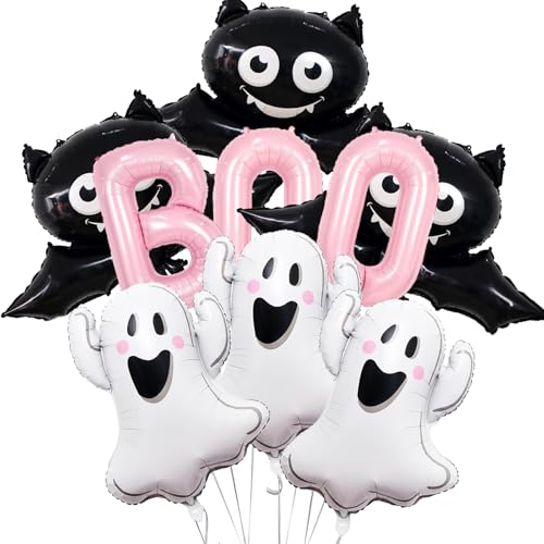 9Pcs Halloween Balloons Decorations Pink BOO Foil Balloons Ghost Bat Balloons for Halloween Birthday Baby Shower Party Supplies