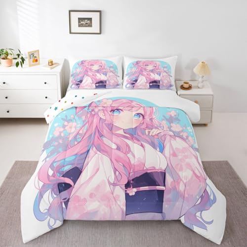 Image of Erosebridal Girls Bedding Japanese Style Comforter Set King, 3D Anime Girl Duvet Insert Cartoon Kawaii Kimono Girl Bedding Comforter Sets Romantic Gifts for Her