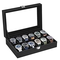 SONGMICS Porta Orologi a 12 Posti, Scatola Portaorologi, Coperchio in Vetro, Cuscini Rimovibili, Chiusura in Metallo, Idea Regalo, Superficie in PU Nera, Interno Nero JWB12B