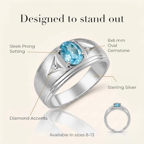Image of Rylos Men's Rings Classic Design 8X6MM Oval Gemstone & Sparkling Diamond Ring - Color Stone Birthstone Rings for Men, Sterling Silver Rings in Sizes 8-13. Elevate Your Style with Timeless Elegance!