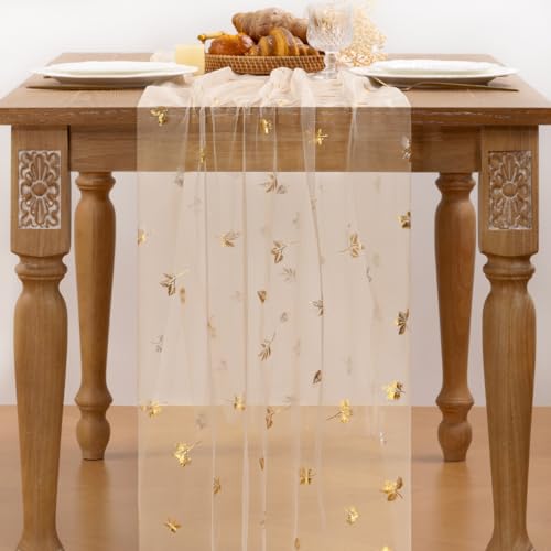 Image of Fall Maple Leaf Table Runner Beige Sheer Gauze Foil Table Runner, 6PC