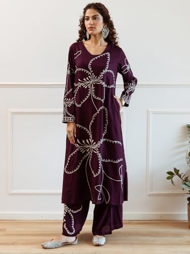 Image of INDO ERA Women Viscose Rayon Floral Embroidered Straight Kurta & Pant Set (IEOUT6941)