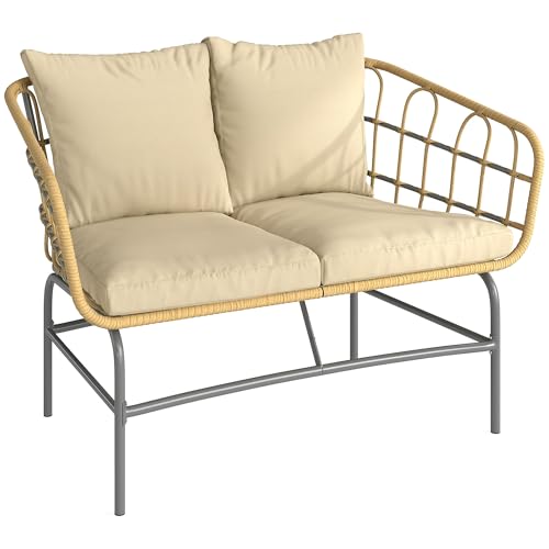 Outsunny Canapé de Jardin 2 Places en Résine Tressée - Salon de Jardin Extérieur avec Coussins Épais Anti-Glisse - Banquette de Balcon et Terrasse en...