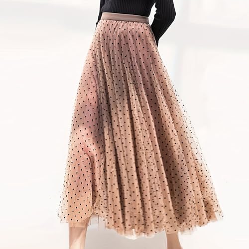 Womens Midi Tulle Skirt Elastic High Waist A-Line Swing Skirts Fashion Polka Dot Print Layered Pleated Mesh Flowy Skirt3