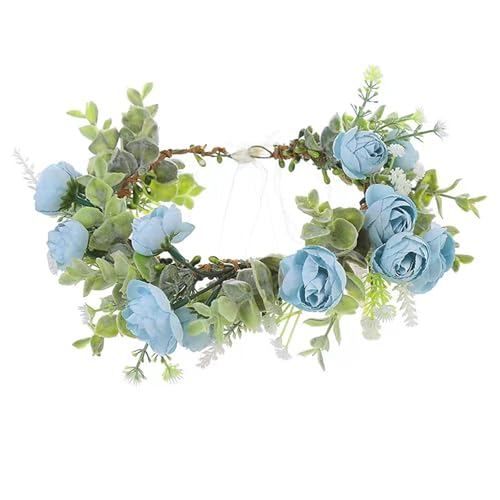 Couronne de fleurs réglable pour les cheveux - Couronne florale avec ruban - Décoration de fête de mariage, fête prénuptiale, festival (bleu)