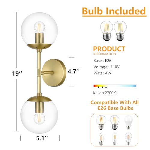 KoKo&Yukina Mid Century Modern Bathroom Vanity Light, 2 Light Globe Sconce, Gold, W 7.7'' x H 19'' x D4.7'' by KoKo&Yukina - Used condition - Image 4