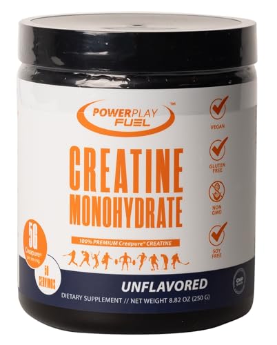 POWER PLAY FUEL CREATINE Monohydrate Powder – Supports Energy, Brain & Muscle Health, and Recovery for Men & Women - Gluten & GMO Free, Soy Free, Sport Certified – Unflavored, 250 G, 50 Servings