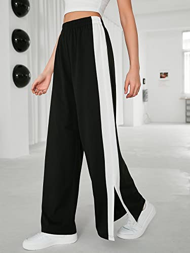 Image of Paralians Women Bottom Wear Side Seam Split Hem Polyester Sweatpants with Trendy Black and White Design Wide Leg Pants with Elegant and Relaxed Fit