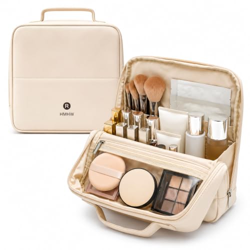 Large Stand Up Makeup Bag ,Travel Makeup Bag with Foldable Magnetic and Detachable Dividers, Waterproof Portable Multi Zone Storage Makeup Bag for Women, Ideal for Travel & Vanity Use (Beige)