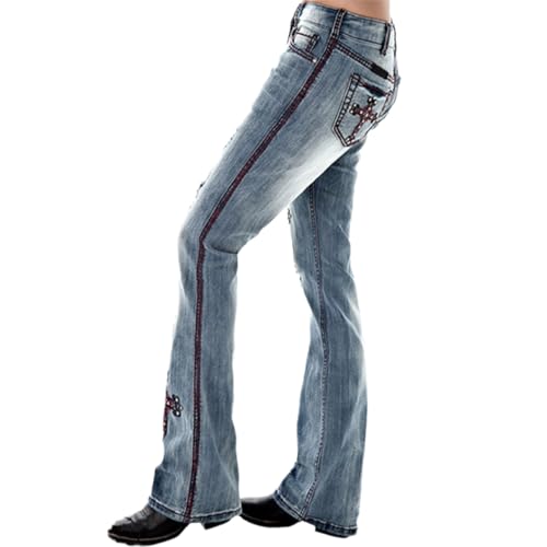 Bootcut Jeans for Women Mid Rise Ripped Distressed Embroidered Cross Jeans Stretchy Fit Denim Long Pants2