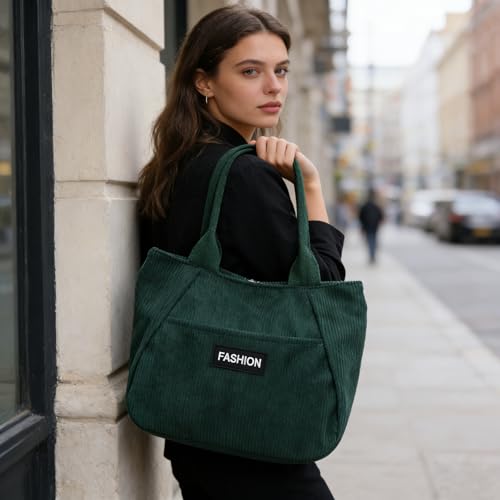 Bolso tote pequeño verde de pana, bolso elegante clásico con textura de pana, bolso ligero y moderno para hombro o mano para mujeres, ideal para compras, recados diarios miniatura 1