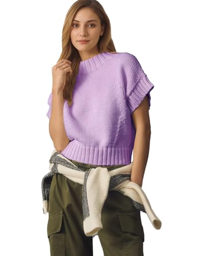 Image of Women's Mock Neck Cap Sleeve Sweater Vest Casual Solid Cropped Tank Tops Pullover Sweaters