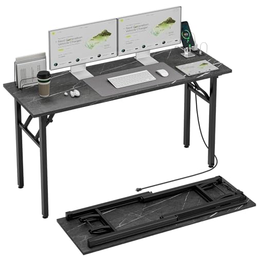 Image of TEMI Small Computer Desk Folding Table - No Assembly, Compact 55.1 inch Foldable Desk with Power Outlets & USB Charging Port, Portable Small Office Desk, Ideal Mini Study Table, Marble Greige