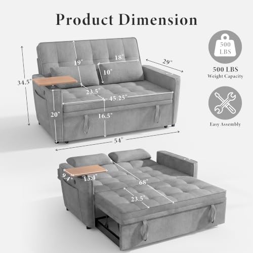 Image of Dreamzie 54'' Convertible Sleeper Sofa Bed with Swivel Side Table, Chenille Pull Out Couch for Living Room, Loveseat Sleeper Couch with Side Pocket | Charging Port | Cup Holder, Light Grey