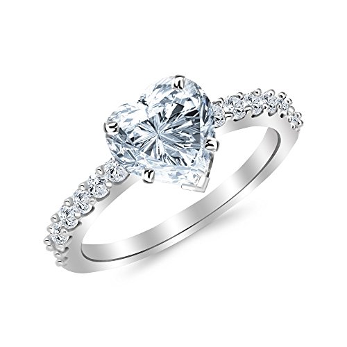 1.09 Ctw 14K White Gold Classic Side Stone Prong Set Heart Shape GIA Certified Diamond Engagement Ring (0.59 Ct J Color SI2 Clarity Center Stone)