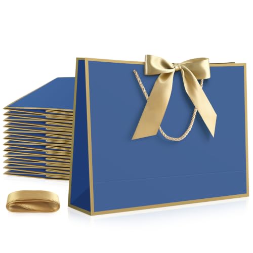 Image of JMANNI 12 Pcs Blue Paper Gift Bags with Ribbon Handle