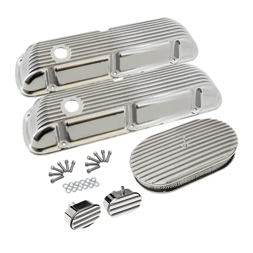 Demotor Performance Finned Polished Aluminum Short Valve Covers For Sbf 289 302 351W & 15" Full Finned Air Cleaner Kit With Breathers #TOP20