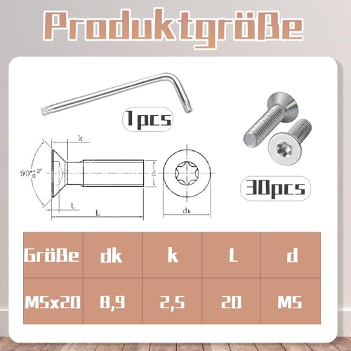 M5 x 20 mm Senkkopfschrauben Edelstahl A2 V2A – 30 Stück Torx Schrauben mit T25 Schlüssel, Korrosionsbeständig, Hohe Festigkeit, Perfekt für Industrie & DIY