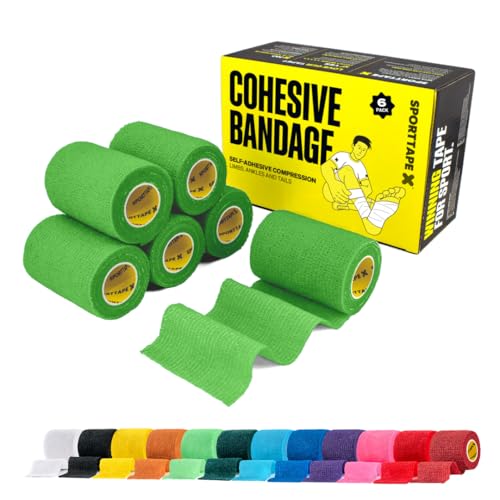 Image of SPORTTAPE 6 Rolls Self-Adhesive Cohesive Bandage, 7.5cm x 4.5m, Green - Compression & Vet Wrap for Dogs, Horses, Sports Stretch Tape for Football, Ankles, Joints, Fingers, Wrists & Sock Tape