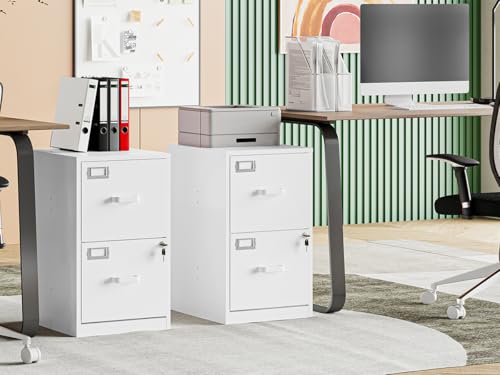 Image of MIIIKO 2 Drawer Filing Cabinet with Lock, Metal Vertical File Cabinets for Home Office, Lockable File Storage Cabinets Under Desk, Letter /A4 File Folders Storage（White-Assembly Required