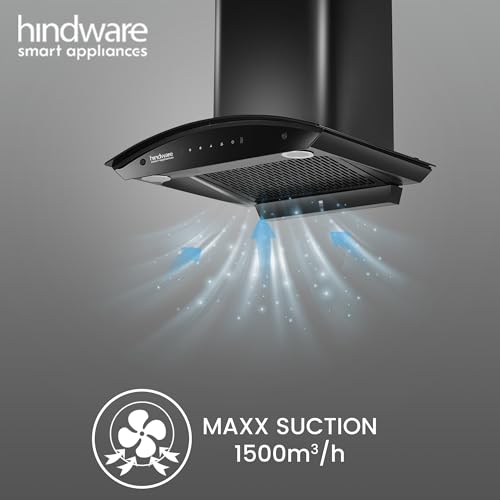 Image of Hindware Smart Appliances | Nadia IN 60 cm Chimney | 1500 CMH |Curved Glass | Filterless | Auto Clean | Touch Control, Motion Sensor | 10 Yrs Warranty on Motor & 2 Yrs on Product (Black)