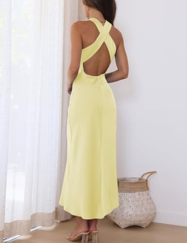 Halfisland Satin High Neck Backless Sleeveless Midi Dresses for Women Elegant Mock Neck High Waist Cross Back Cocktail Dress - Image 3