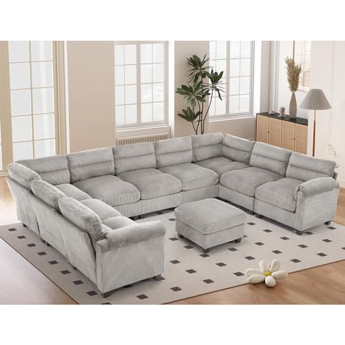 HAOMARKETS Oversized 141" Modular Sectional Sofa Couch with Movable Ottoman, Premium Corduroy U Shaped Corner Couches with Rolled Arms for Living Room, Grey