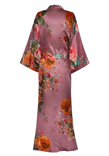 Image of Women Silk Kimono Robe Long Floral Bridesmaids Robes Satin | Wedding Party Bridal Getting Ready Robe Lightweight Dressing Gown Loungewear Sleepwear