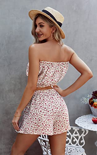 Ecowish Women's Two Piece Outfits Summer Floral Strapless Crop Tube Tops And Shorts Set Ruffle Sexy Beach Outfits White Red Medium #TOP4