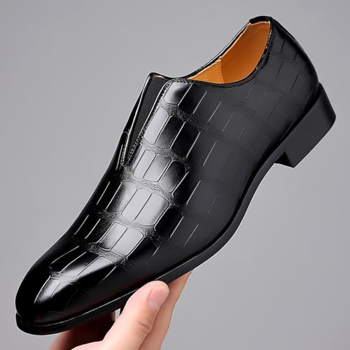 Zeberfi Men's Stone Pattern Leather Slip On Dress Loafers Fashion Elastic Strap Pointed Toe Low Top Non-Slip Luxury Business Formal Shoes3