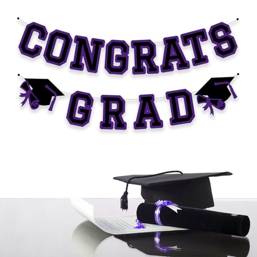 Image of Congrats Grad Banner Graduation Party Banner Decoration Hanging Garland High School College Backdrop Supplies Purple
