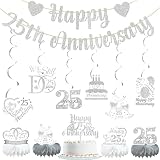 Happy 25th Anniversary Banner Cheers to 25 Years Silver Wedding Anniversary Party Decorations Supplies Cake Topper Hanging Swirls Honeycomb Centerpiece