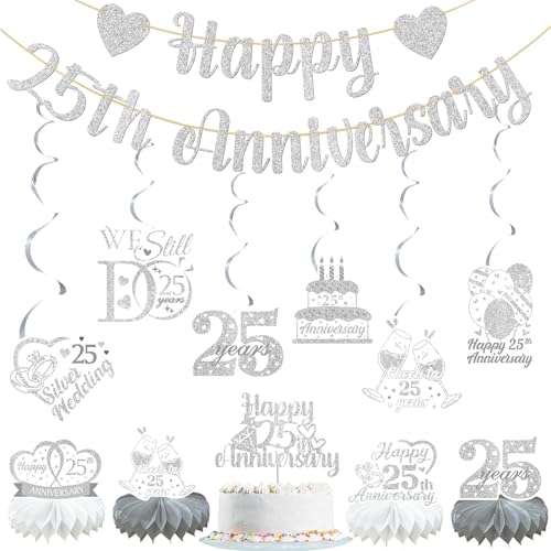 Happy 25th Anniversary Banner Cheers to 25 Years Silver Wedding Anniversary Party Decorations Supplies Cake Topper Hanging Swirls Honeycomb Centerpiece